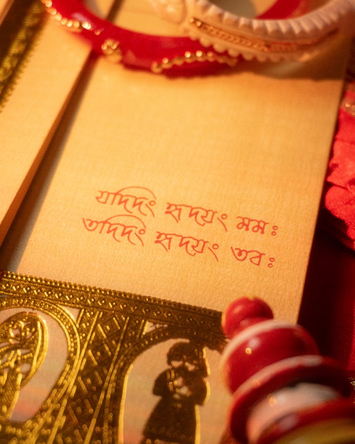 Close-up of a traditional Indian wedding card featuring ornate gold designs and cultural motifs.